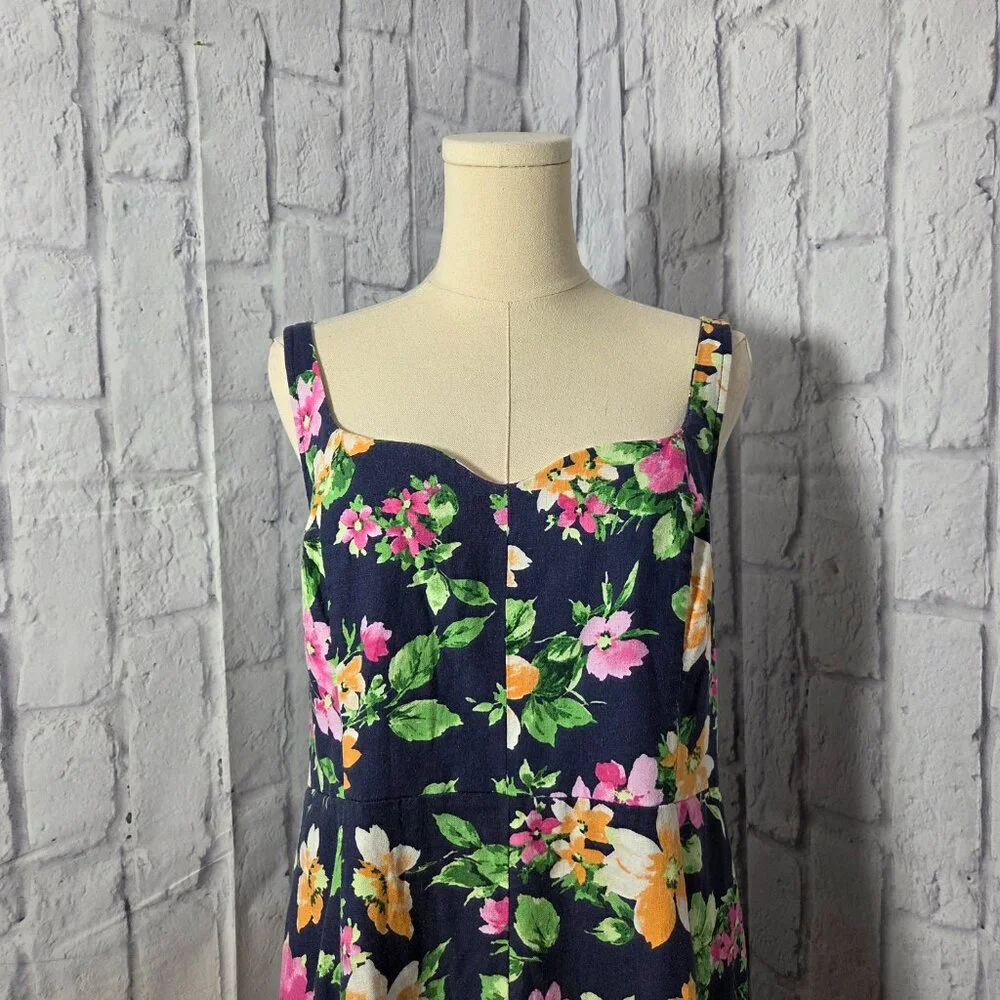 Old Navy Extra Large Navy Blue Floral Linen Blend Smocked Cottagecore Midi Dress - Picture 2 of 10